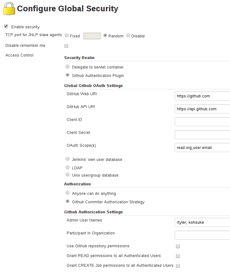 Configuring "Global Security" to use GitHub